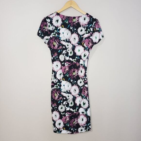 BCBG MaxAzria Small Short Sleeve Pink Floral Print Faux Wrap V-neck Dress - Picture 6 of 12